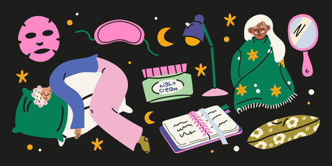 Good night cartoon elements set. Sleep, relax, night beauty routine stickers. Girls character, pillow, night cream, mirror, sleep mask. Trendy good night vector illustrations in doodle retro style