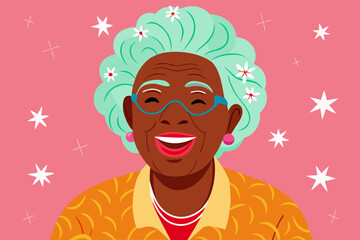 Joyful Senior African American Woman with Mint Hair and Flowers, Christmas Illustration