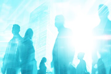 Silhouette figures over a city background, light blue hues, business and people concepts