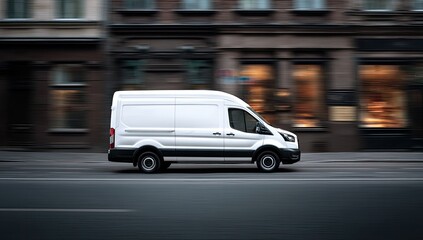 A white commercial van speeds down a city street, motion blurred with buildings in the background