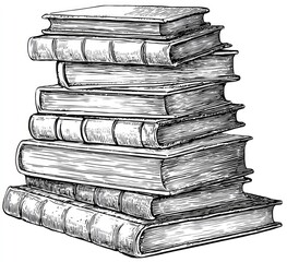 Detailed monochrome illustration of a towering stack of classic, hardcover books
