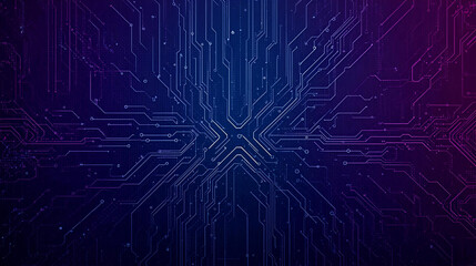 Abstract digital circuit board pattern with a central X-shape, glowing blue and purple lines representing data flow and technology.