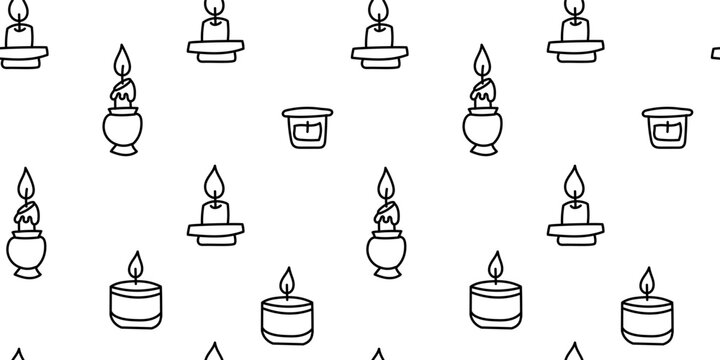 Seamless doodle candle holder pattern design. Hand drawn doodle style seamless pattern with burning candles in holders, perfect for cozy designs, packaging, textiles, and wallpapers.