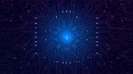 Abstract digital circuit board with glowing blue core and radiating lines, representing technology and data flow.