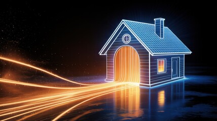 Illuminated house with colorful light trails on a dark background.