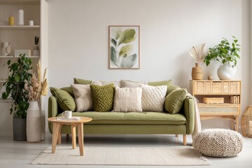 Naklejka premium A cozy, neutral-toned living space with a green sofa, artwork, and natural d?cor