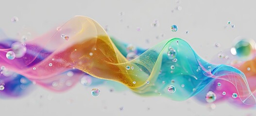 Colorful, flowing, abstract form in pastel hues with floating bubbles against a soft, neutral background