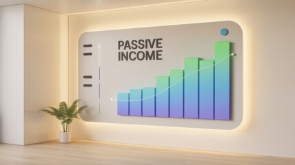 Modern workspace with a passive income growth chart on the wall.