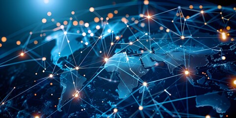 Global Network Connections over World Map with Lighting Effects