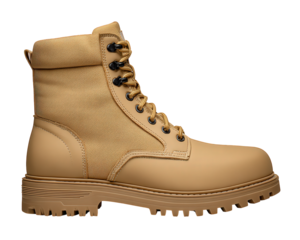 Rugged, durable, tan work boot for winter combat or hiking. This isolated footwear, single leather shoe, offers protection and sturdy ankle support for tough work