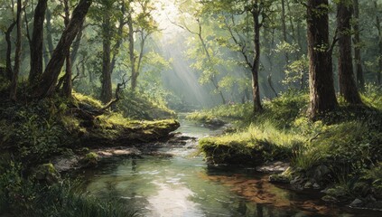 Obraz premium Tranquil forest scene, sunlight filtering through trees, a flowing stream, and lush green foliage