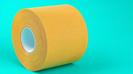 Yellow tape roll on green background for safety marking, bright yellow tape roll contrasts with vibrant green surface.