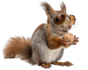 Cool red squirrel wearing sunglasses holds nut. Funny, humorous animal shows off fashion sense while isolated on plain background, looking confident and stylish