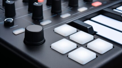A close-up shot captures the black control surface of a MIDI controller or synthesizer, featuring backlit white drum pads and several rotary knobs.