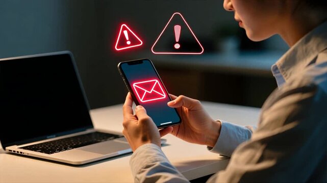 A businesswoman using a smartphone with a glowing red warning icon above the phone symbolizing scam alert warning, fraud alert, email spam cyber threats