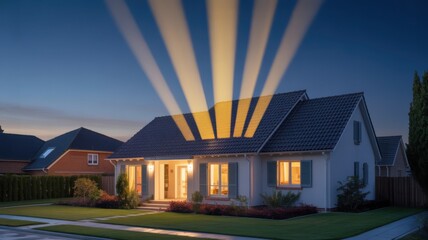 A cozy home illuminated at night, showcasing warm indoor lights.