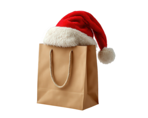Red Santa hat on brown paper shopping bag, festive concept for Christmas holiday gift giving and seasonal sales. joyful present isolated on transparency background