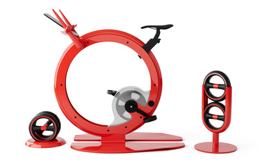 Exercise Bike and Dumbbells isolated on white background . 3d render