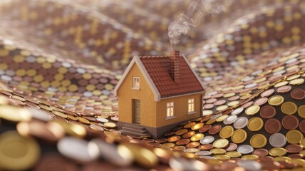 Miniature house on a wave of coins symbolizing wealth and investment.