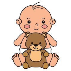 Smiling Baby Sitting with Teddy Bear Clipart - Nursery Illustration