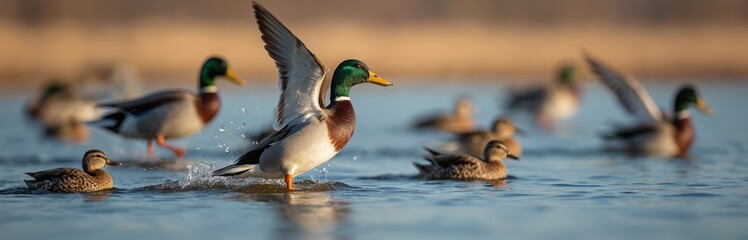 Obraz premium Mallard ducks gather on water. One male duck spreads its wings about to take flight or land. Other ducks swim in blue water with soft light.