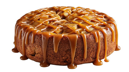 Moist apple cake drizzled generously with caramel sauce, isolated on transparent background