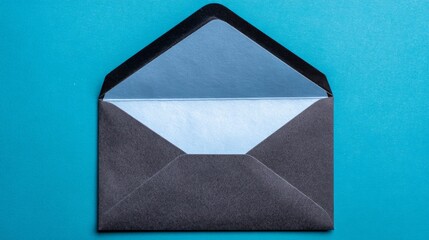 Open Dark Grey Envelope with a Light Blue Interior Lying on a Vibrant Turquoise Background.