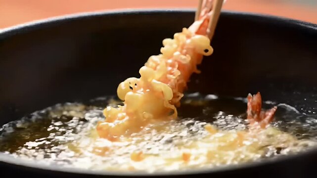 Deep frying crispy shrimp tempura in a wok of hot oil.