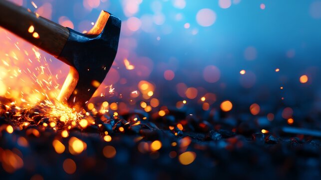 A hammer striking metal, showcasing flying sparks against a dramatic blue background.