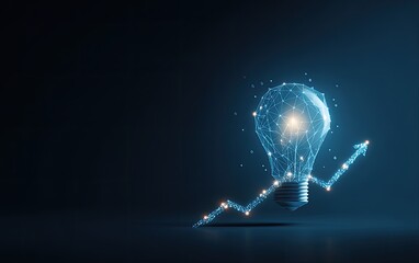 Glowing geometric lightbulb with connected nodes and a rising arrow against a dark background