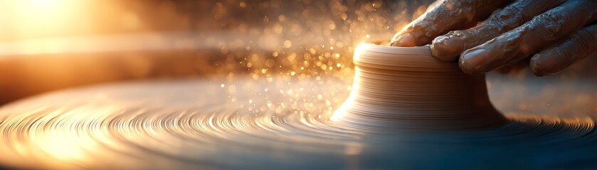 A potter's hands shaping clay on a wheel, illuminated by warm natural light, showcasing artistry and skill.