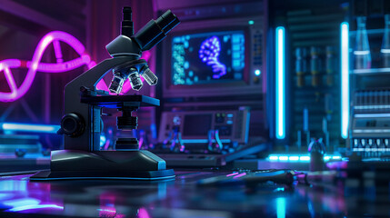Futuristic Microscope with Neon Lights in Digital Laboratory