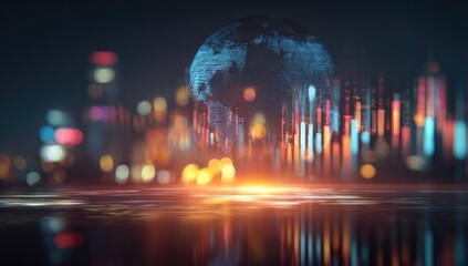 Futuristic rendering featuring a glowing Earth hologram above a bokeh-filled cityscape with data visualizations
