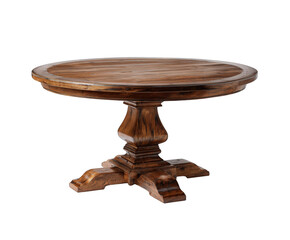 Rustic reclaimed wood round dining table with sturdy pedestal base, isolated on transparent background