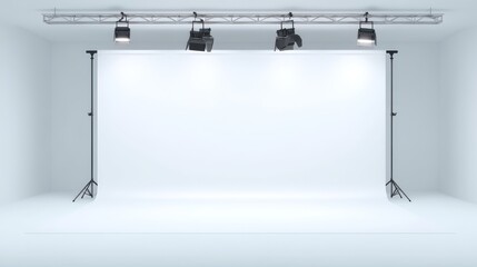 Clean white room spotlights professional lighting display illuminated, white space with focused spotlights ambient glow.