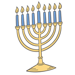 Golden menorah with nine lit candles illustration