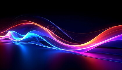 Abstract dynamic design with flowing waves of vibrant color, emanating light against a deep black background, suggestive of energy and motion