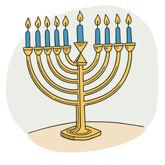 Golden menorah with nine lit candles for hanukkah celebration