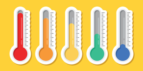Thermometer sticker icon set in flat style. Climate control vector illustration on isolated background. Weather change sign business concept.