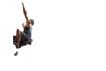 Dynamic climber demonstrating strength and focus during a challenging ascent with reach up high