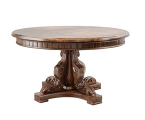 Antique ornate round wooden dining table with a carved pedestal base isolated on transparent background