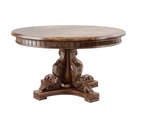 Antique ornate round wooden dining table with a carved pedestal base isolated on transparent background