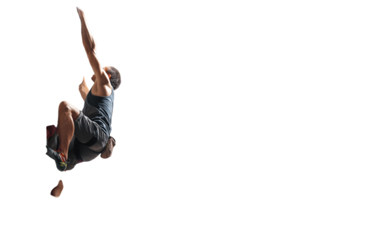 Dynamic climber demonstrating strength and focus during a challenging ascent with reach up high