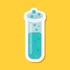 Science lab bottle sticker icon in flat style. Laboratory glassware equipment vector illustration on isolated background. Test tube sign business concept.