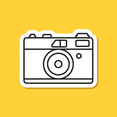 Photo camera sticker icon in flat line style. Photography equipment vector illustration on isolated background. Professional photographic sign business concept.