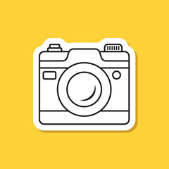 Photo camera sticker icon in flat line style. Photography equipment vector illustration on isolated background. Professional photographic sign business concept.