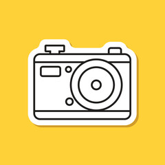 Photo camera sticker icon in flat line style. Photography equipment vector illustration on isolated background. Professional photographic sign business concept.