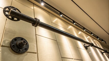 Industrial pipe and lighting fixture on modern wall installation