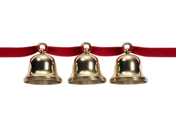 Festive golden bells on red ribbon create elegant Christmas holiday mood for seasonal design