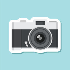 Photo camera sticker icon in flat style. Photography equipment vector illustration on isolated background. Professional photographic sign business concept.